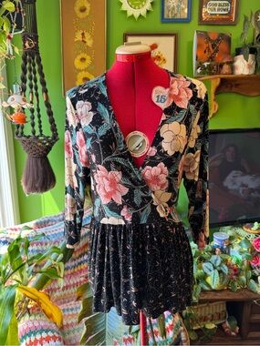 torrid Black Floral Wrap Long Sleeve Dress with Pink Blooms